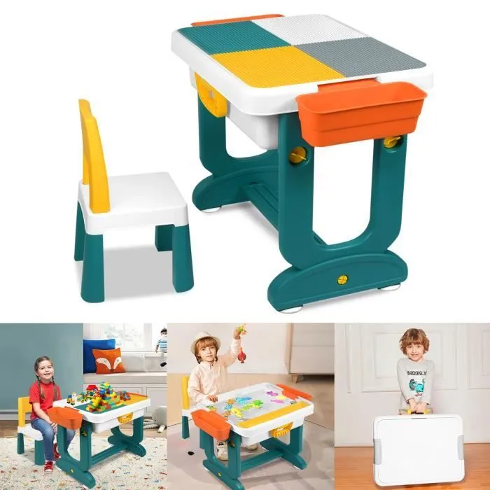YUENFONG Ensemble Table et Chaises pour Enfants Table de Blocs de Construction Multifonctionnelle avec Boîte de Rangement