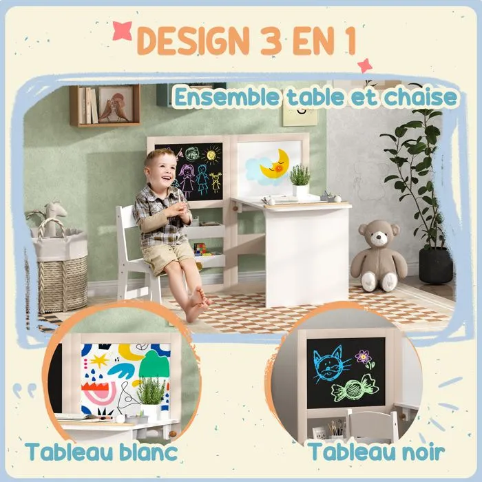 Table enfant avec chaise AIYAPLAY 3 en 1 avec chevalet pliable étagères de rangement, rouleau de papier - 3 à 8 ans, blanc-4