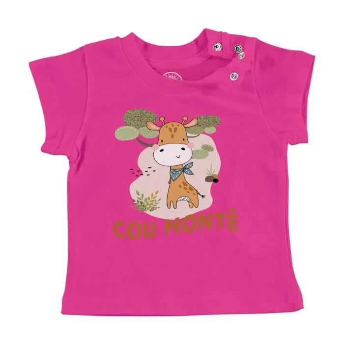 T-shirt Bébé Manche Courte Rose Girafe Cou Monté Humour Dessin Illustration-0