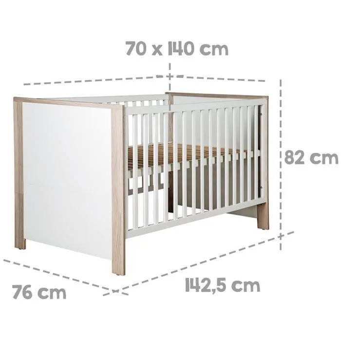 ROBA Lit Bébé Évolutif Olaf Réglable en Hauteur - 70x140 cm - Blanc / Effet Bois-2
