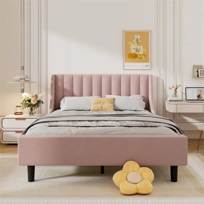 Lit double - DREAMMESPACE - 140x200 cm - Velours rose - Minimaliste - Sommier inclus-0