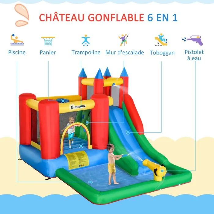 Château gonflable enfant - toboggan, trampoline, piscine, mur escalade - gonfleur, sac transport inclus - dim 3,3L x 2,45l x 2,15H m-4