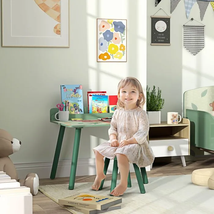Ensemble table et chaise enfant - AIYAPLAY - avec porte-livres - motifs d'ours - pour enfants 3-8 ans - pour chambre, salon - vert-1