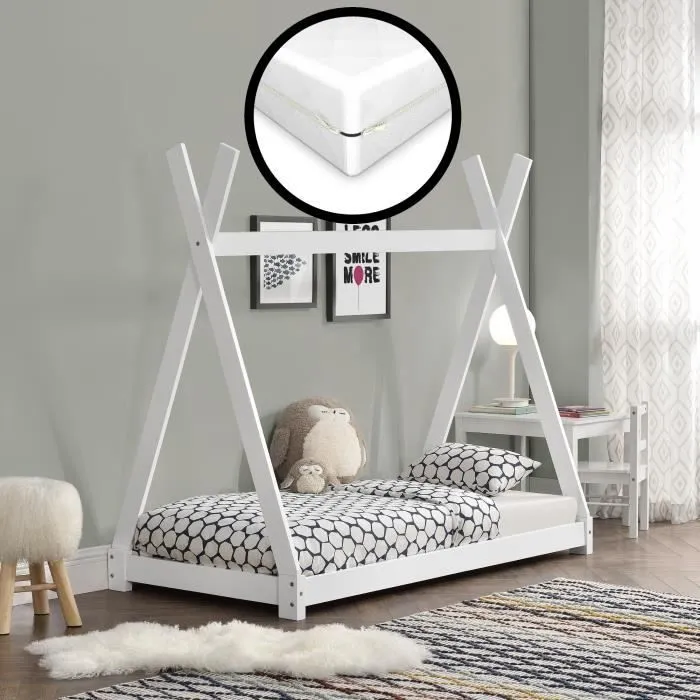 Lit Tipi pour Enfants avec Matelas Orthopédique Onejda Blanc 80 x 160 cm [en.casa]-1