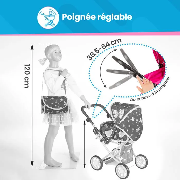 Kinderplay Poussette Jouet, Poussette Landau pour Poupée, Gondola, Combi Poignée Ajustable 32-63cm 2en1 KP0200T-3