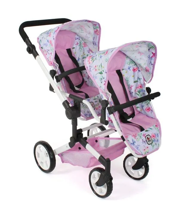Bayer chic - 690-53 - 2000 - Poussette de poupee Linus Duo, Landau jumeau pour Enfants de 4 a 8 Ans, Fleurs, Rose-0