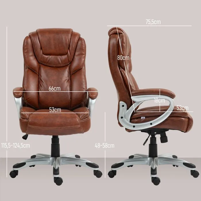 Chaise de bureau - HOMCOM - avec fonction bascule, dossier haut, roulettes pivotantes 360°, hauteur réglable - marron-3