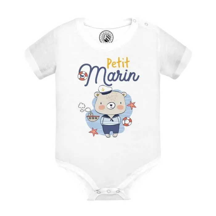 Body Bébé Manche Courte Blanc Petit Marin Dessin Illustration Bateau Mer-0