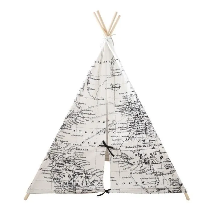 Tente Tipi pour Enfants SUNNY - Carte du monde en noir et blanc - 120x120 cm-1