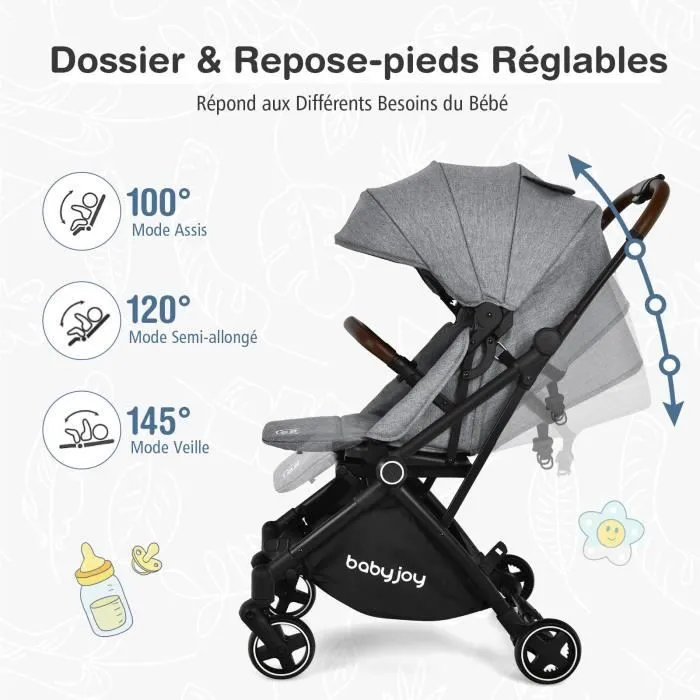 COSTWAY Poussette 2 en 1 Bébé 0-3 Ans Siège Rotatif Pliage à une Main Auvent Repose-pieds Réglables Inclinable Multi-positions Gris-2