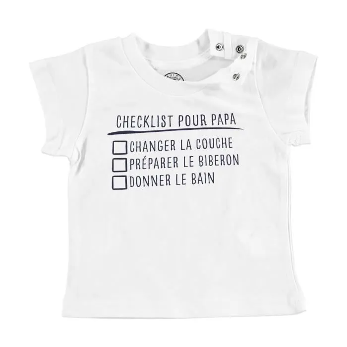 T-shirt Bébé Manche Courte Blanc Checklist Pour Papa Blague Humour Bébé Parents-0