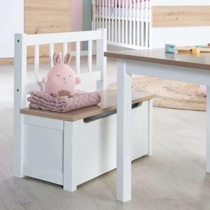 ROBA Banc Coffre à Jouets Woody pour Enfant - Meuble de Rangement en Bois 2 en 1 - Fermeture Douce - Blanc / Aspect Bois-4