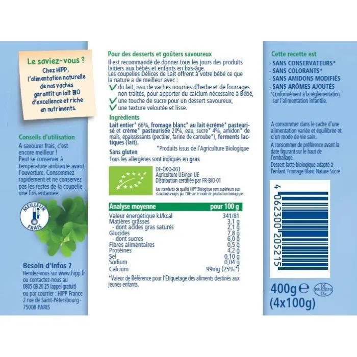 Hipp Bio Délices de Lait Fromage Blanc Nature Sucré +6m 4 x 100g-1