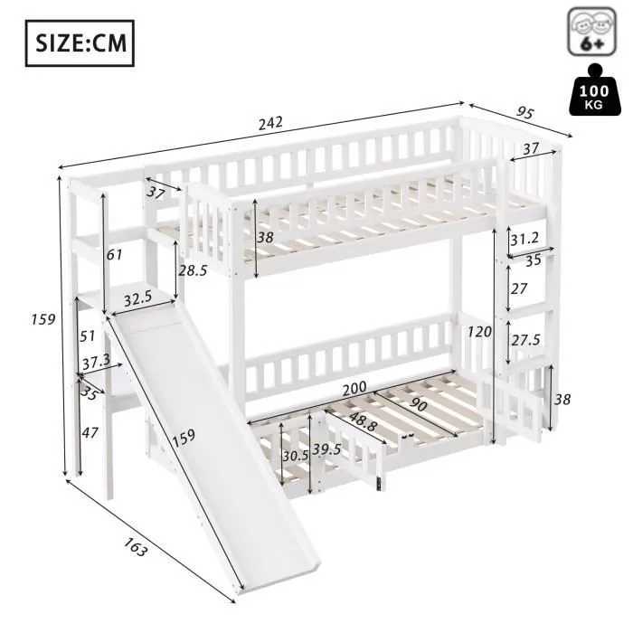 Lit superposé - Enfant - 90x200cm - Bois massif - Toboggan - Échelle avec porte coulissante-3