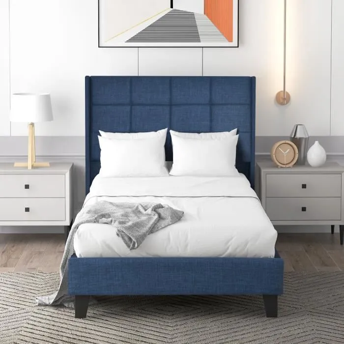 Lit adulte 90x200cm, en tissu de lin, Cadre de lit avec sommier à lattes et tête de lit rembourrée, Bleu-1