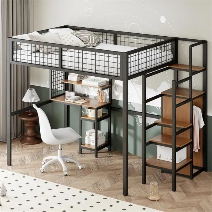 Lit mezzanine - Enfant - 140x200cm - Métal noir - Échelle de sécurité - Bureau intégré-2
