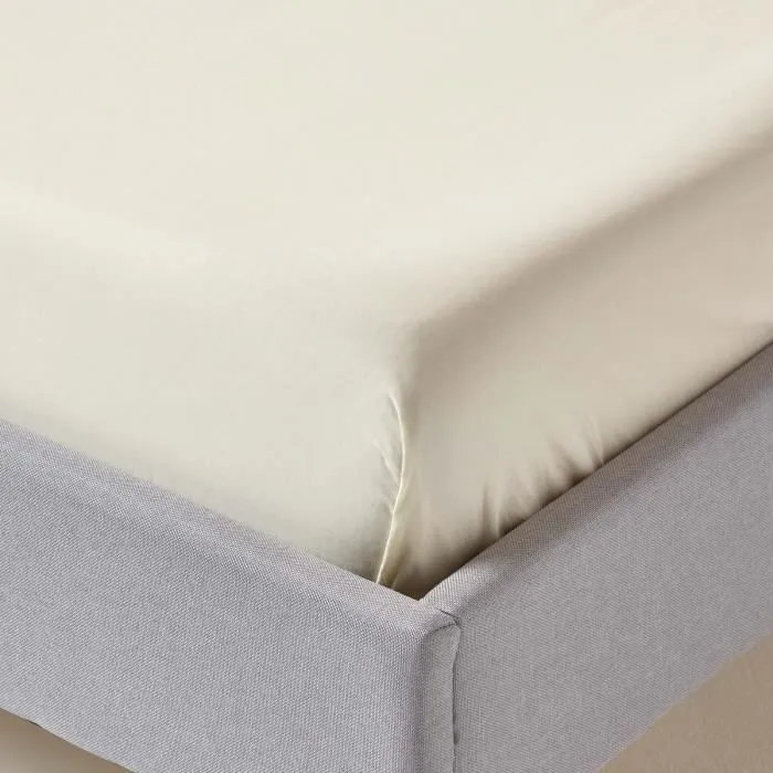 Drap plat uni 100% coton égyptien 200 fils Crème 230 x 255 cm-2