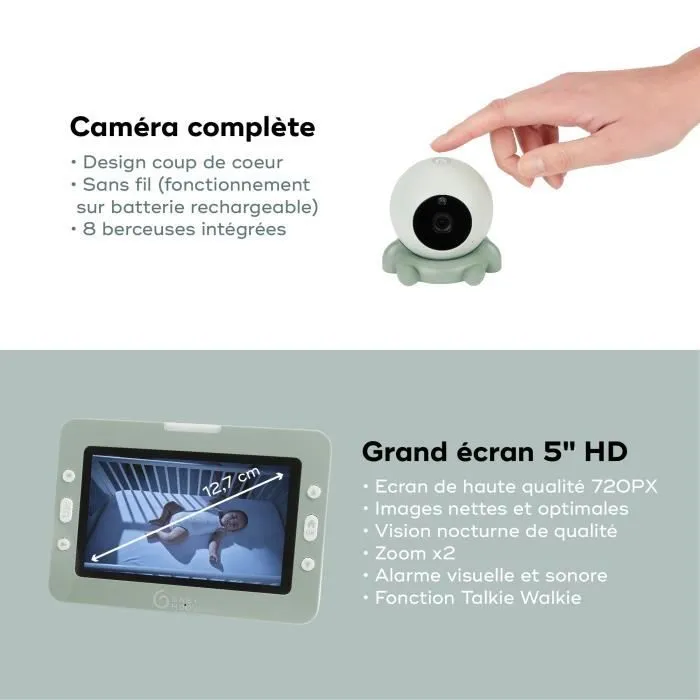 Babyphone Caméra YOO Go+ - Grand Ecran HD 5" 720P - Batterie Rechargeable, Autonomie 8h - 4 Accessoires Supports Caméra inclus-3