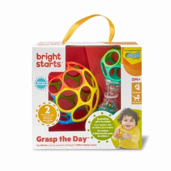 BRIGHT STARS Coffret cadeau de naissance O'Ball avec 2 jouets bébé: un hochet et une O Ball Classique rouge, jaune bleu et vert-0