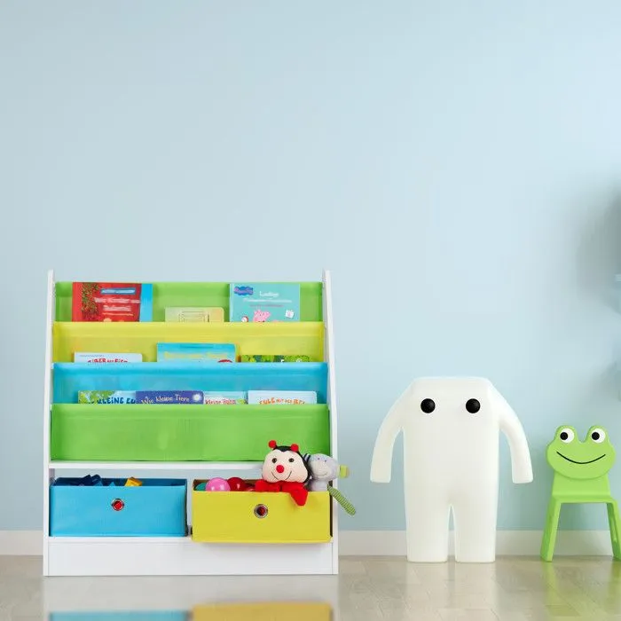 Relaxdays Etagère enfants, motif mer, 2 boîtes, 2 compartiments, rangement jouets, bibliothèque 74x71x23 , coloré-1