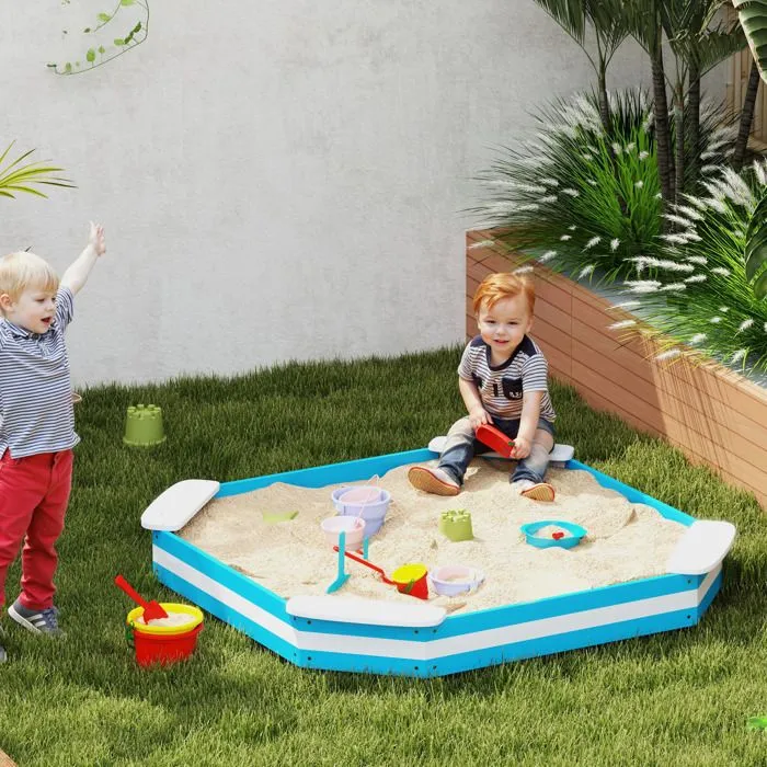 Bac à sable en bois - AIYAPLAY - pour enfants 3-6 ans - 4 sièges - 133 x 133 x 16 cm - bleu-1