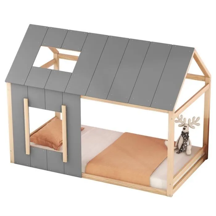 Lit cabane - Nature + Gris - 90x200cm - Bois massif - 1 place - Montage facile-2