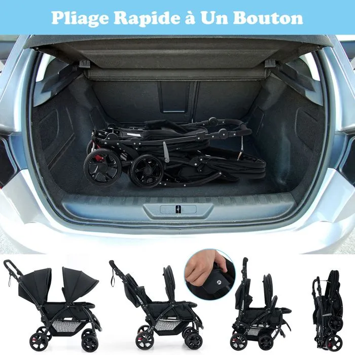 COSTWAY Poussette Jumelle Pliable Double Bébé Auvent Capote Réglable Canne Landau 4 Roues Anti-chocs Harnais à 5 Points-30kg-Noir-4