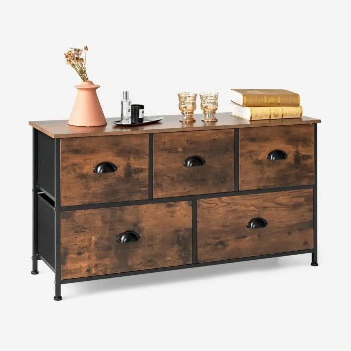 COSTWAY Commode en Tissu avec 5 tiroirs Non Tissés, 100 x 30 x 54 cm Meuble de Rangement, Cadre en Métal, Placards, Salon, Chambre-0