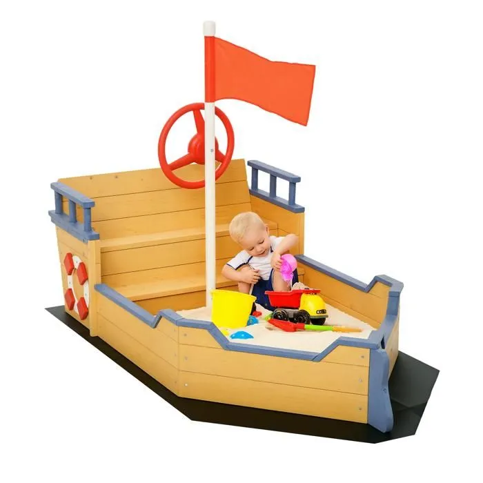 Bac à sable forme de bateau pirate - Outsunny - boîte à sable pour enfant - gouvernail drapeau rouge 2 marches - espace de rangement-0