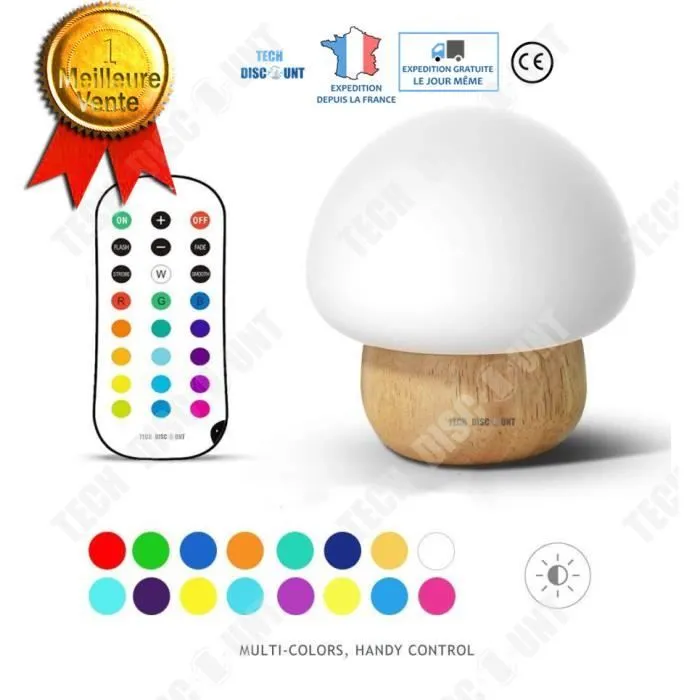 TD® Lampe de chevet champignon de bureau de lecture enfant led bois moderne fille enfant garçon chambre télécommande table décoratio-0