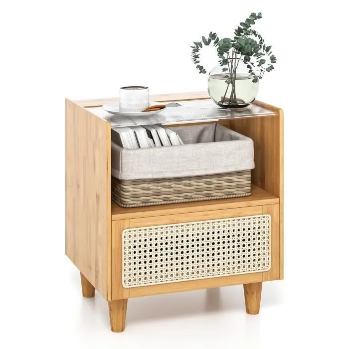 COSTWAY Table de Chevet en Bambou avec Tiroir, Plateau en Verre, Design Cannage, 4 Pieds en Bois Massif, 43 x 35 x 50 cm, Naturel-0