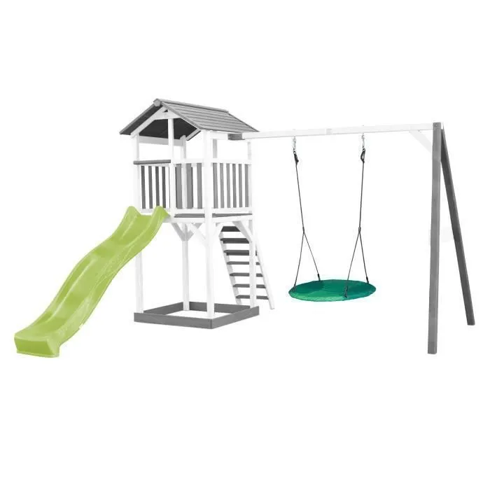 AXI Beach Tower Aire de Jeux avec Toboggan en Vert Clair, Balançoire Nid d'oiseau Vert & Bac à Sable |Grande Maison Enfant extérieur-0