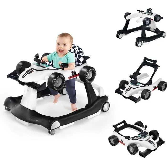 Bebeboutik COSTWAY Trotteur Bebe Pliable Musical 4 en 1 Apparence de Voiture Pousseur Hauteur et Vitesse Reglables avec Lumiere Volant Blanc