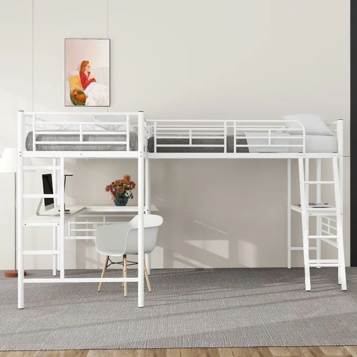Lit mezzanine - Blanc - 90x200 cm - Métal - Bureau d'angle - 2 places-1