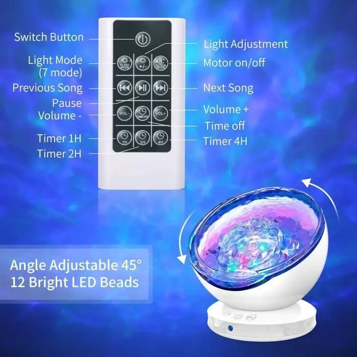 ARTINABS Lampe Projecteur LED Simulation des Vagues Océan,Veilleuse Enfant avec 8 Modes de Couleurs 6 Sons de Musique Télécommand-2