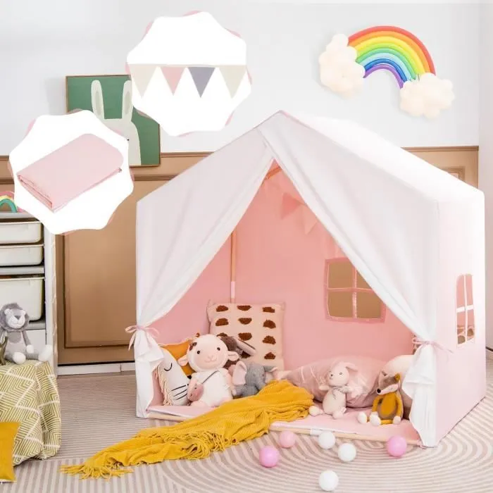 COSTWAY Tente de Jeu pour 3 - 4 Enfants 131 x 91 x 131 CM, Tapis Souple en Coton Intérieur-Extérieur, 3 Ans+ Rose-2