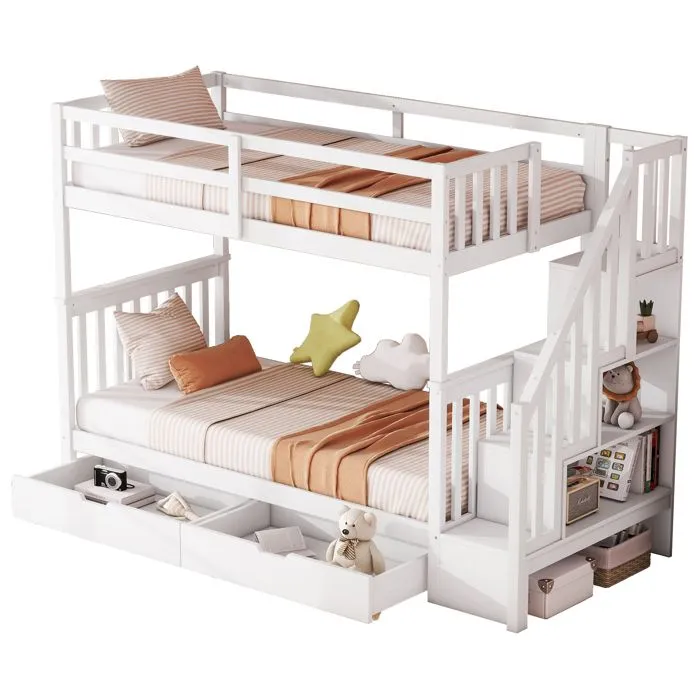 Lit superposé 90x200cm - structure escalier - avec 2 tiroirs - 3 étagères de rangement - sommier à lattes - Blanc-1
