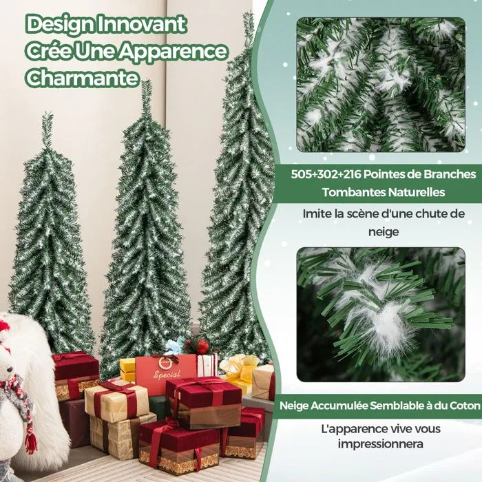 Lot de 3 Sapins de Noël Artificiels COSTWAY-120+150+180 cm-Support Pied-100+120+180 LED-Fausse Neige-216+302+505 Branches-Vert-2