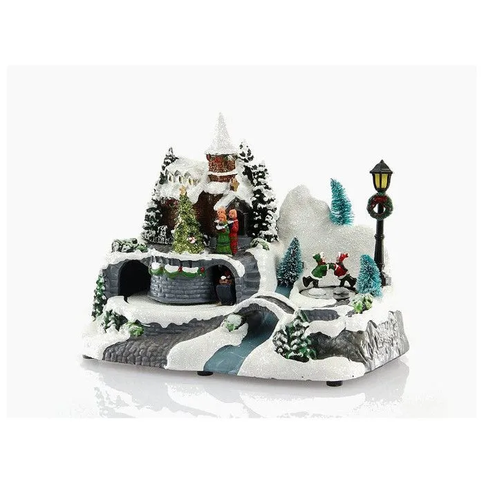 Village de noël animé avec traîneau et Père Noël - Multicolore - L 23,8 x H. 16,1 cm-1