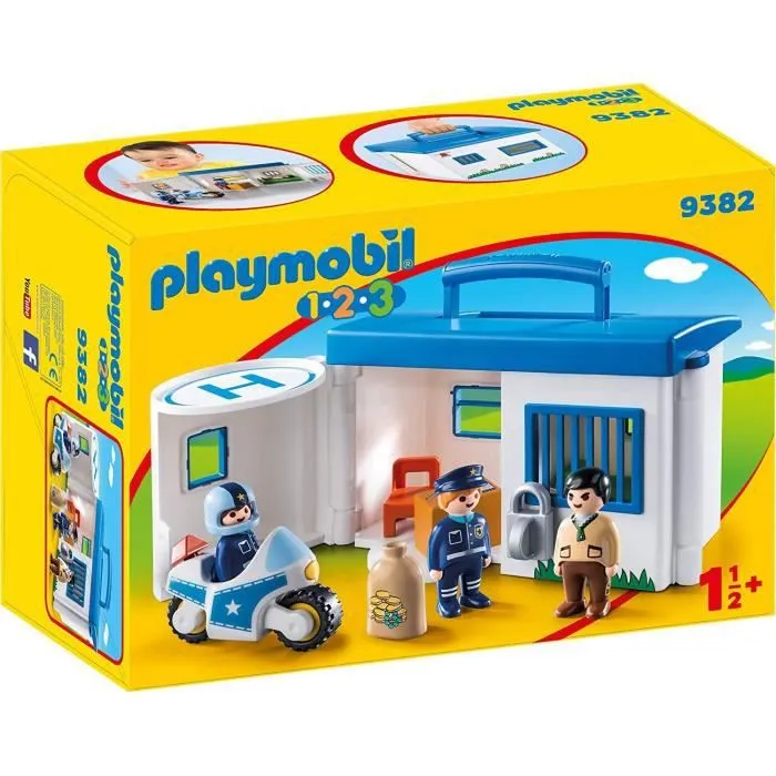 Commissariat de police transportable - PLAYMOBIL 1.2.3 - Avec bureau, héliport et moto de police-0