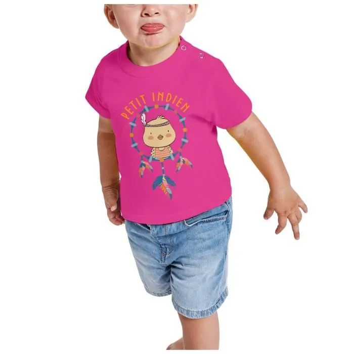 T-shirt Bébé Manche Courte Rose Poussin le Petit Indien Dessin Illustration-1