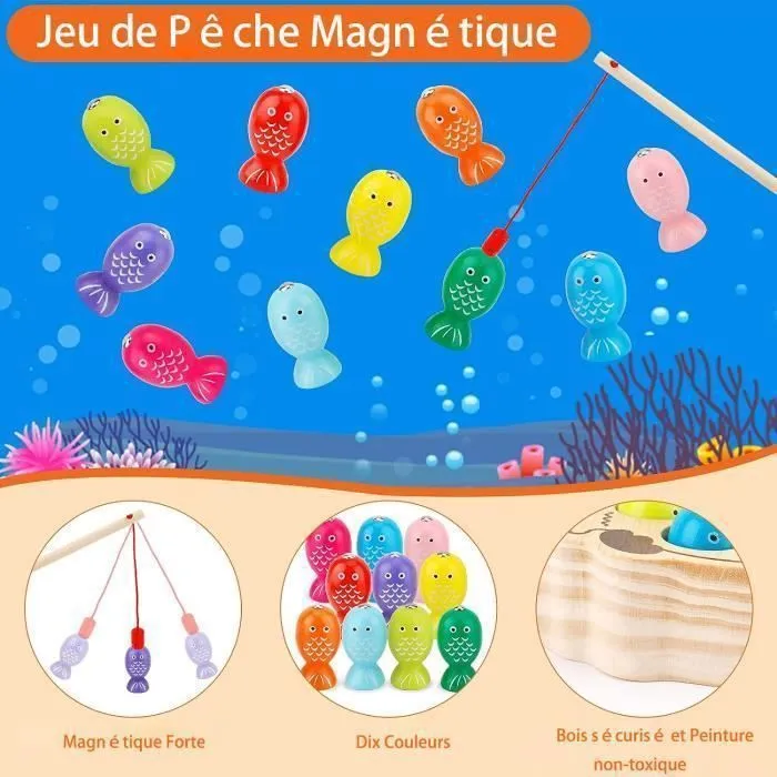 Jouet Enfant en Bois, 10 PACK Mini Jeu de Pêche Magnetique, Activite Enfant Cadeau pour 2 3 4 5 Ans-2