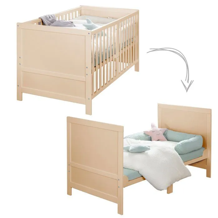 Lit Bébé Évolutif ROBA EASY SLEEP 70 x 140 cm + Matelas Roulé + Kit de Transformation - Réglable en Hauteur - Bois Naturel-2