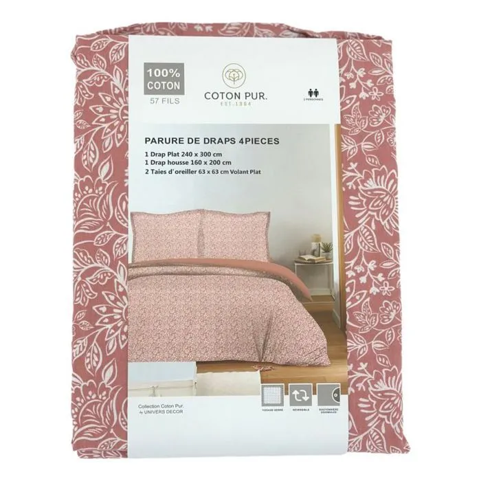 Parure de draps 4 pièces pour lit 160 x 200 cm "Grande largeur" Céleste pêche-4