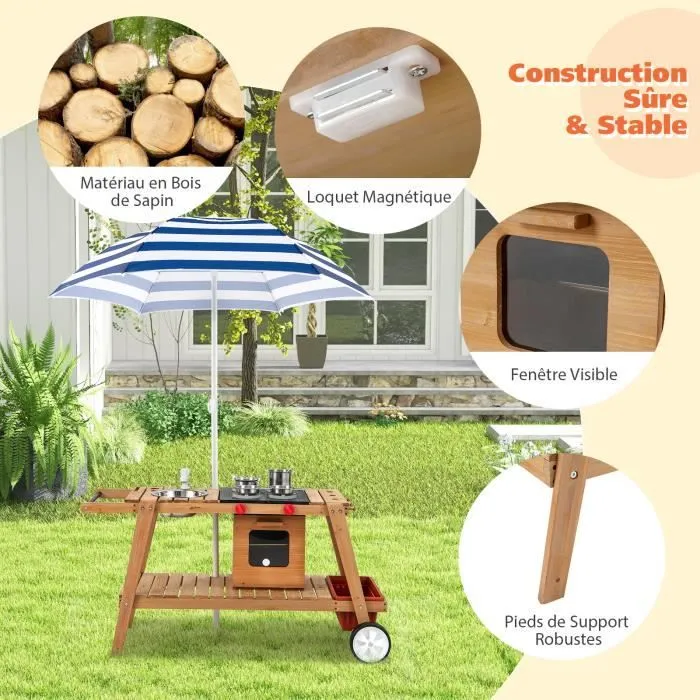 COSTWAY Marchande Enfant avec 6 Accessoires-Voiture Restaurant avec Parasol pour Vendeurs Ambulants Bois 114x48x66CM, Rayures Bleues-1