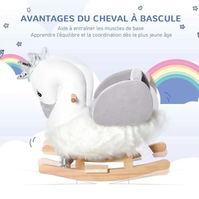 Cheval à bascule modèle cygne fonction musicale selle grand confort peluche courte douce bois peuplier blanc et gris dim. 60L x 33l-5