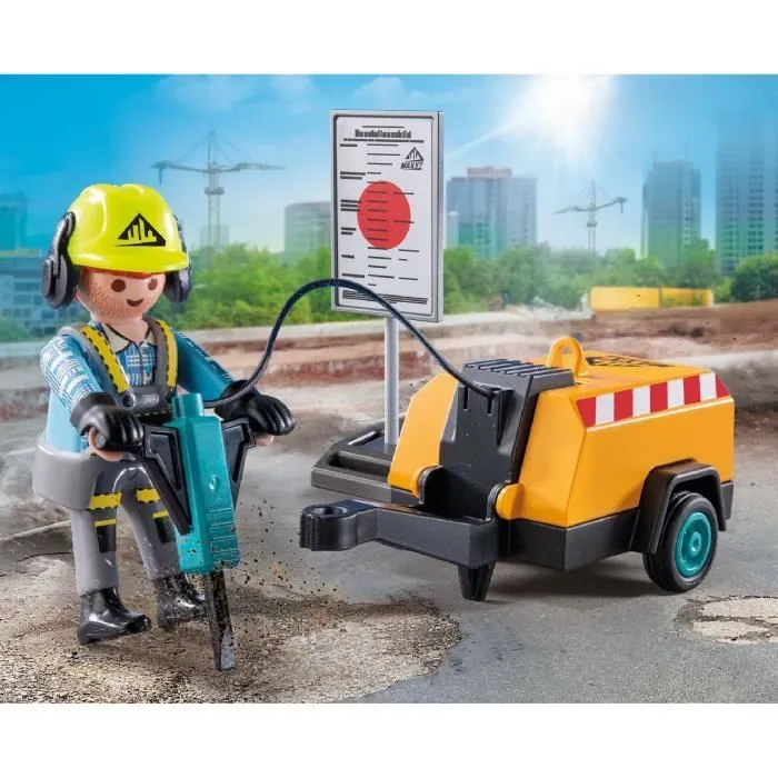 PLAYMOBIL 71752 Ouvrier marteau-piqueur et signalisation, Action Heroes, La construction, 14 pièces, Dès 4 ans-1