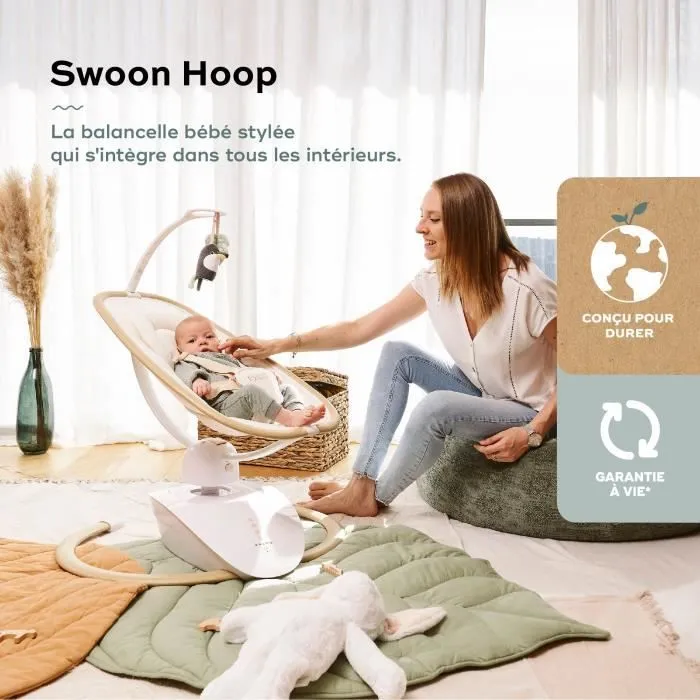 Babymoov Balancelle Bébé Swoon Hoop - Télécommande incluse, Ultra Confort, Design Épuré, Assise Rotative 90°, Arche de jeux-1