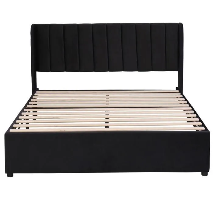 Lit double - Noir - 140 x 200 cm - Velours - Avec tiroirs - Style Scandinave-5