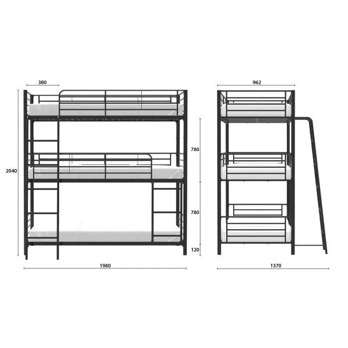 Lits superposés en métal - Noir - Sommiers inclus - 3x90x190 cm - TRIO-7